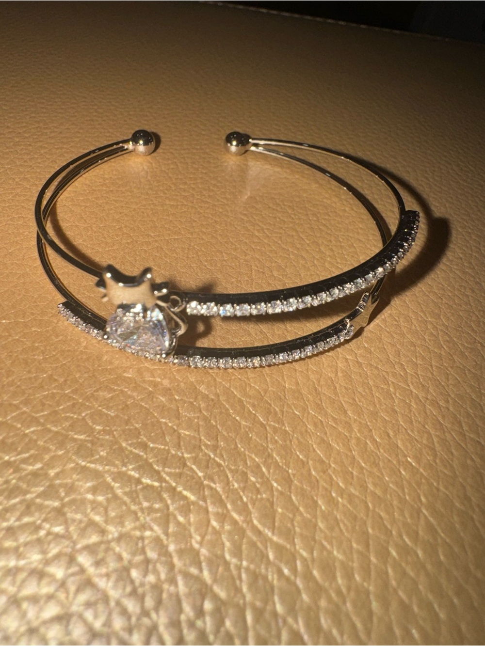 Kids Silver-Tone Heart Accent Double-Band Cuff Bracelet-Cat Crystal